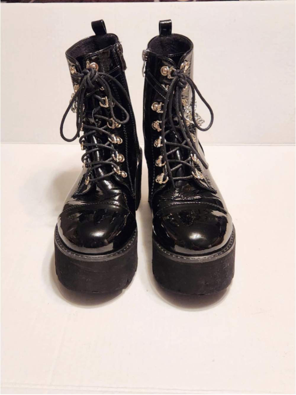 Black High Platform Silver Chain Accent Chunky Gothic Punk Ankle Boots 39/8 - Picture 4 of 12